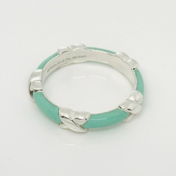 Size 9.5 Tiffany Signature X Kiss Ring in Blue Enamel and Sterling Silver - Picture 2 of 8